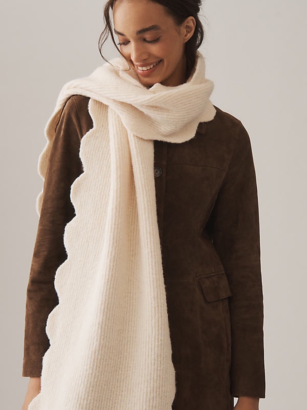 Maeve Anthropologie Cream Scalloped Knit Scarf – Approx. 74” x 16”